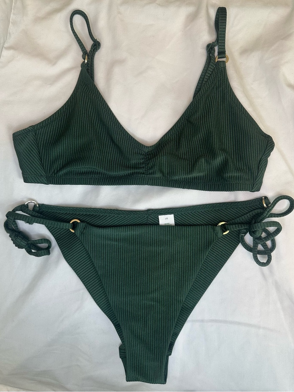 Aerie Ribbed Green Bikini Set L Large Tie Side Bottoms Ring Detail